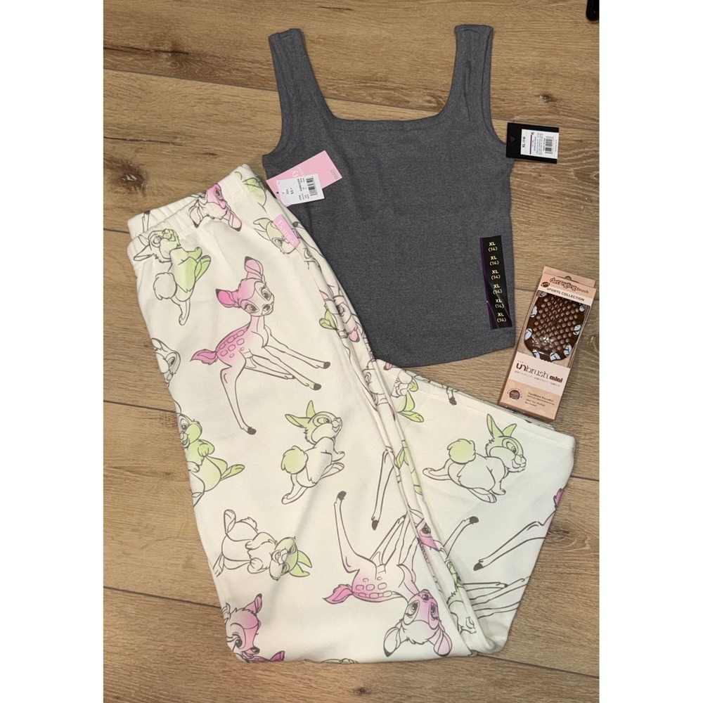 Disney Bambi Thumper Pajama Set Girls XL 14 Grey Tank Fleece Pants UNbrush Mini